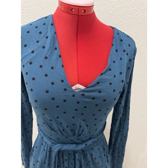 Blue Polka Dot Long Sleeve Midi Dress Wrap Style Tie Waist Casual - Picture 3 of 7